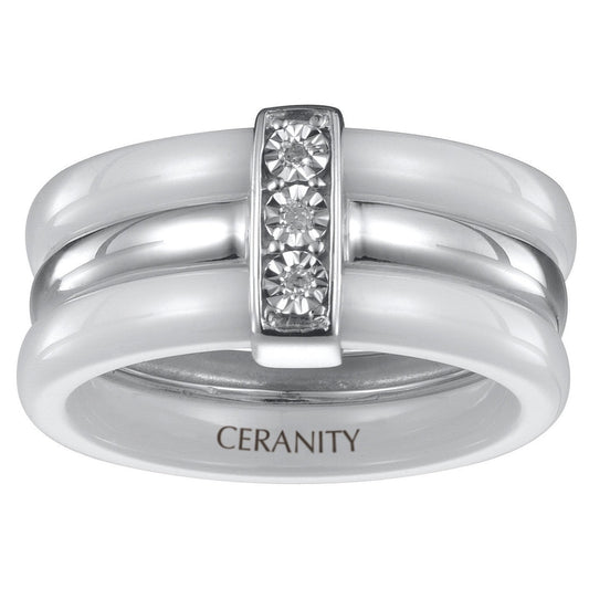 BAGUE 1ANNEAU ARGENT 2 ANNEAUX CERAM. BLANC 3DIAM 0.015CT - Bijouterie Cordier