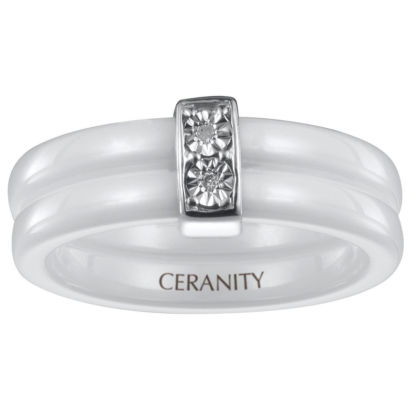 BAGUE ARGENT 2ANNEAUX CERAM. BLANC. 2DIAM 0.010CT - Bijouterie Cordier