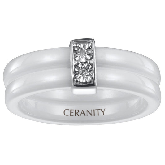 BAGUE ARGENT 2ANNEAUX CERAM. BLANC. 2DIAM 0.010CT - Bijouterie Cordier