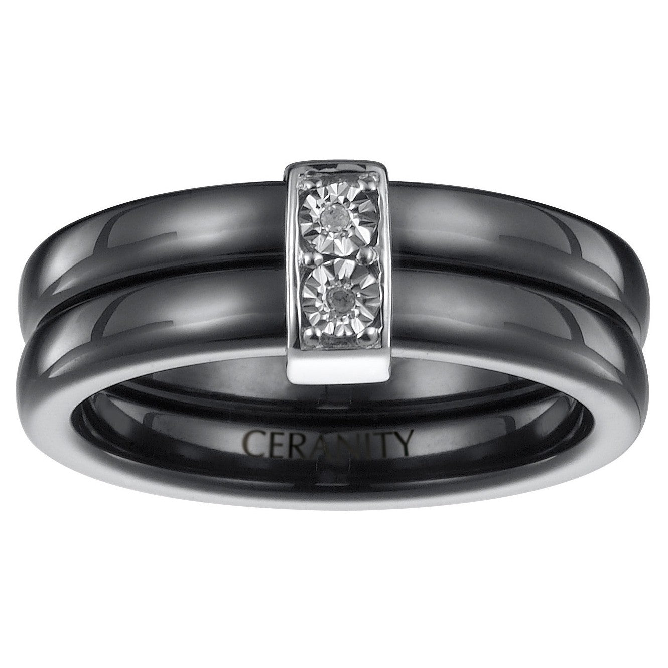 BAGUE ARGENT 2ANNEAUX CERAM. NOIRE 2DIAM. 0.010CT - Bijouterie Cordier