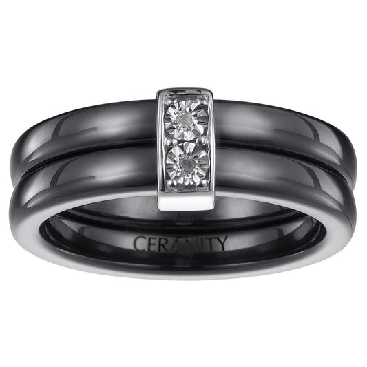 BAGUE ARGENT 2ANNEAUX CERAM. NOIRE 2DIAM. 0.010CT - Bijouterie Cordier