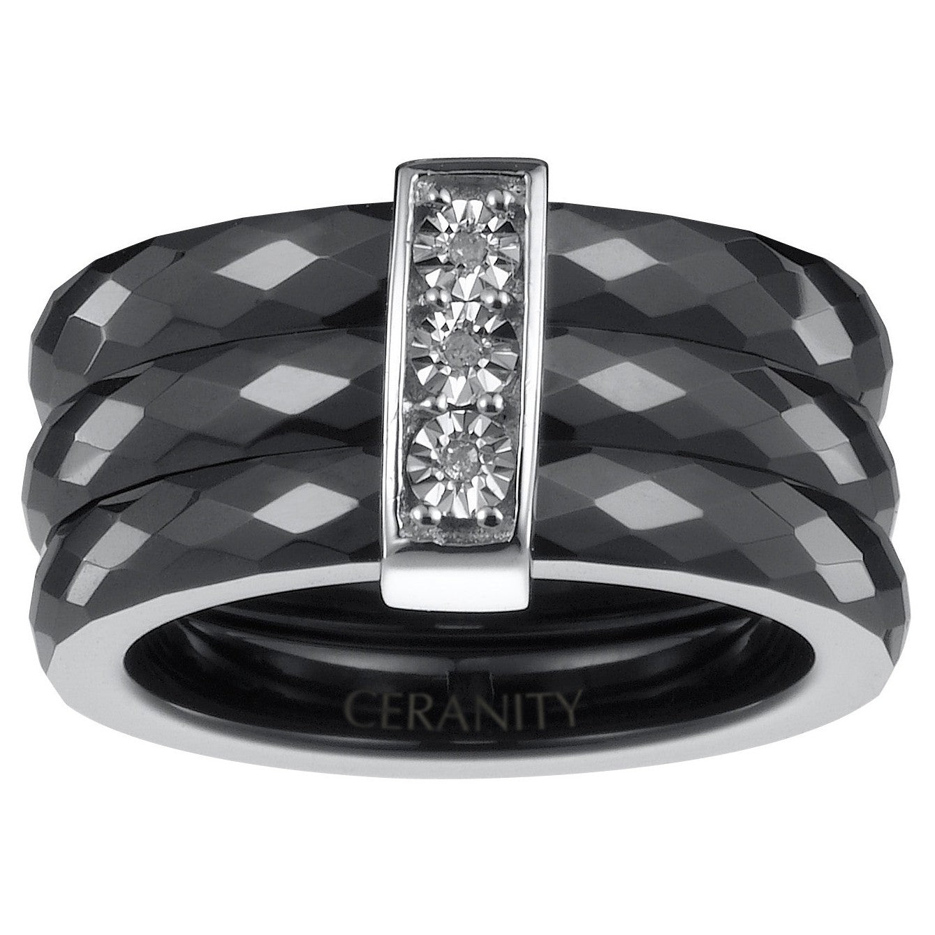 BAGUE ARGENT 3 CERAM NOIRE FACETTES 3DIAM. 0.015CT - Bijouterie Cordier