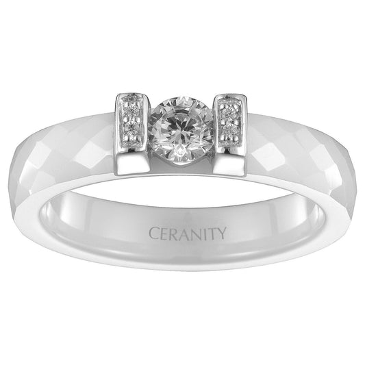 BAGUE CERAM.BLANCHE FACET. SOLITAIRE ET 2 BARRETTES ARGT OZ - Bijouterie Cordier