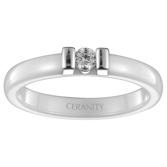 BAGUE CERAM.BLANCHE LISSE SOLITAIRE ET 2 BARRETTES ARGT OZ - Bijouterie Cordier