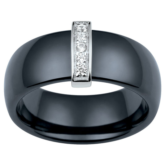 BAGUE CERAM.NOIRE ET BARRETTE ARGT SERTIE 5 OZ - Bijouterie Cordier