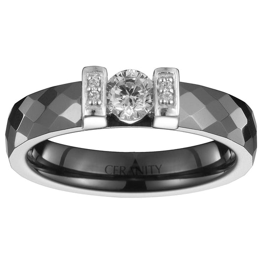 BAGUE CERAM.NOIRE FACET. SOLITAIRE ET 2 BARRETTES ARGT OZ - Bijouterie Cordier