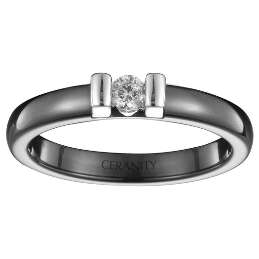 BAGUE CERAM.NOIRE LISSE SOLITAIRE ET 2 BARRETTES ARGT OZ - Bijouterie Cordier