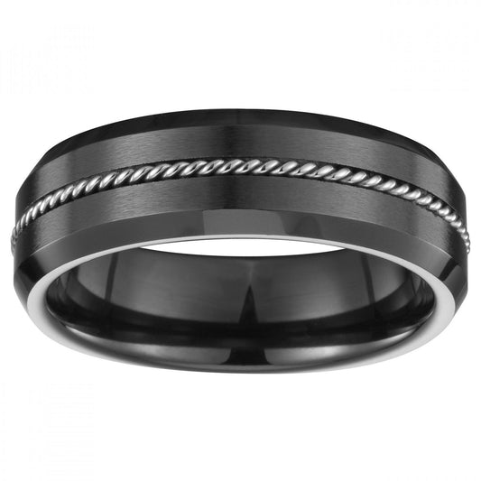 BAGUE CERAM.NOIRE MATE ET FIL ACIER TORSADE - Bijouterie Cordier