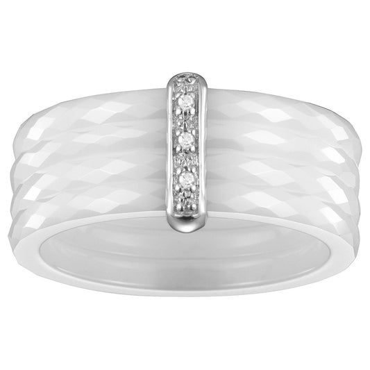 BAG. ARGENT 4 ANNEAUX 2MM FACETTE CERAM. BLANCHE ET 3 DTS - Bijouterie Cordier