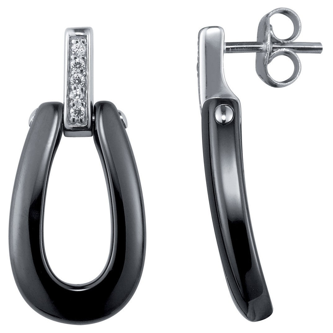 B.O ARGENT CERAM NOIRE FER A CHEVAL ET TIGE OX. DE ZIRCON - Bijouterie Cordier
