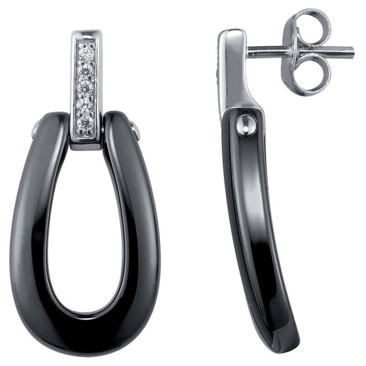 B.O ARGENT CERAM NOIRE FER A CHEVAL ET TIGE OX. DE ZIRCON - Bijouterie Cordier