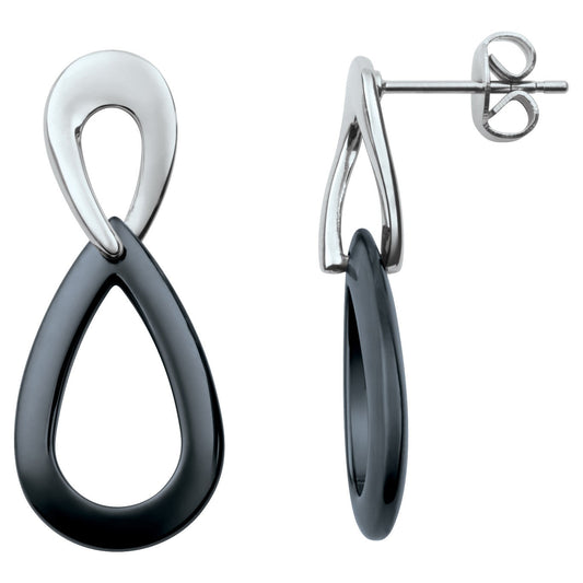 BO DOUBLE GOUTTES AJOUREES ACIER ET CERAMIQUE NOIRE - Bijouterie Cordier