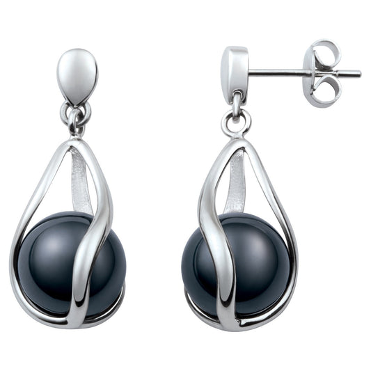 BO PENDANTES MOTIF CAGE ACIER ET BOULE CERAMIQUE NOIRE - Bijouterie Cordier