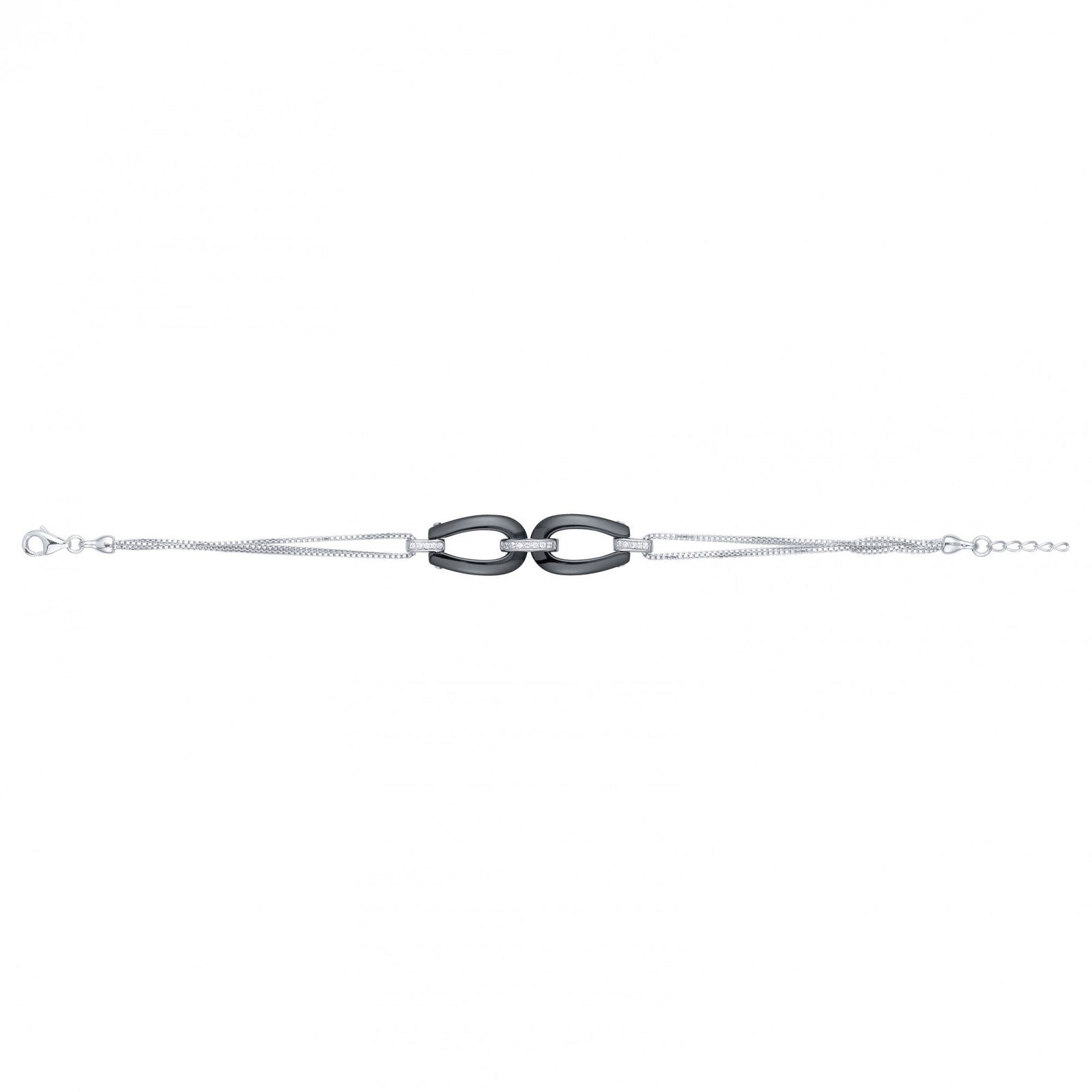 BRAC.CHAINES CERAM NOIRE FER A CHEVAL/ANNEAUX AG OX. ZIRCON 17CM+1.5