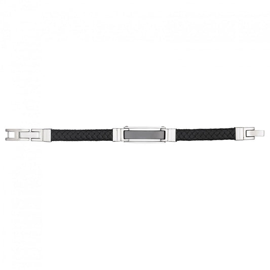 BRAC.CUIR DE VACHETTE TRESSE/PLAQ.CERA.NOIR+AC.AJOURE 20.5+2cm