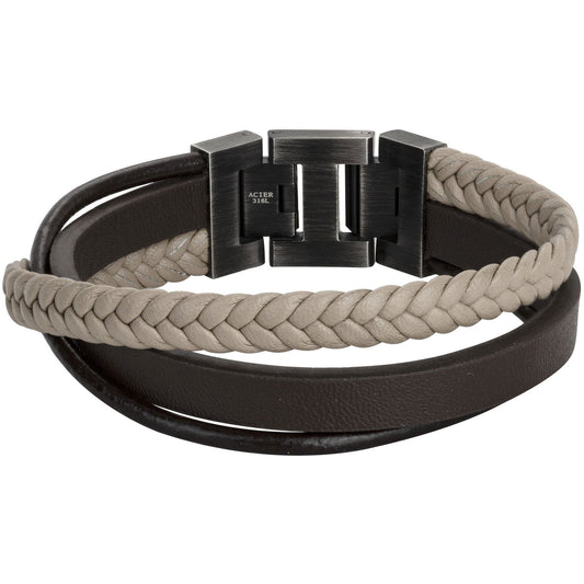 BRAC. ACIER IP VINTAGE ET CUIR MARRON-BLANC-19,5+1,5CM