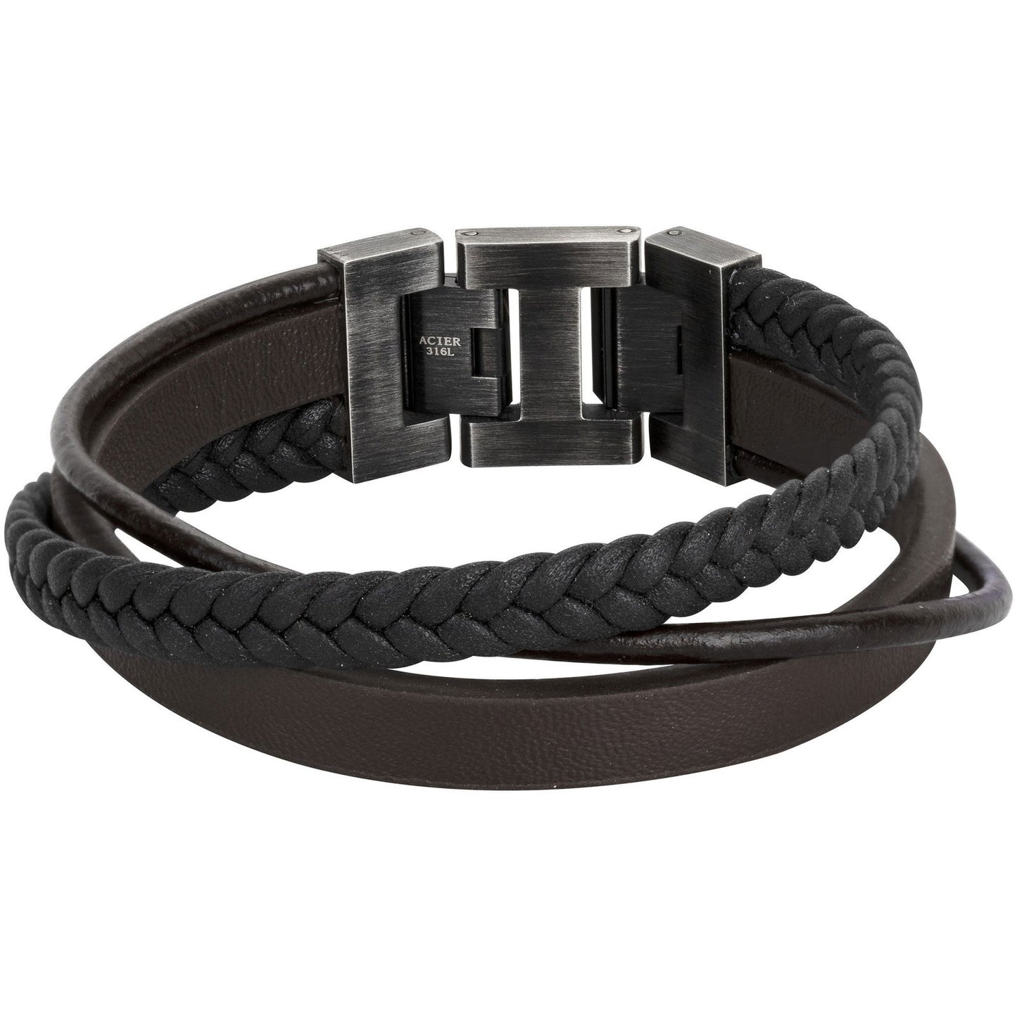 BRAC. ACIER IP VINTAGE ET CUIR NOIR-19,5+1,5CM