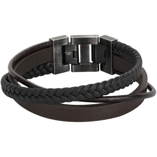 BRAC. ACIER IP VINTAGE ET CUIR NOIR-19,5+1,5CM