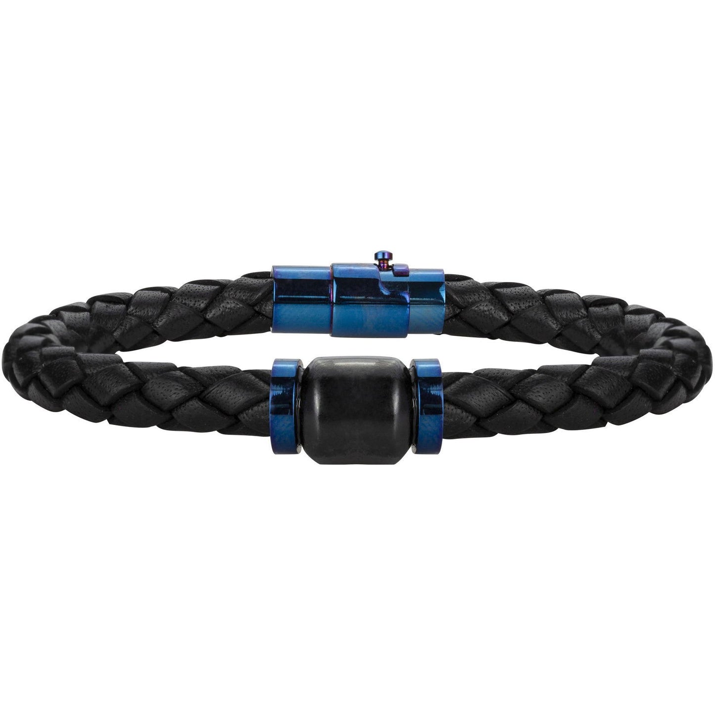 BRAC.CUIR DE VACHETTE NOIR CERAM NOIR PVD BLEU 20.5cm - Bijouterie Cordier