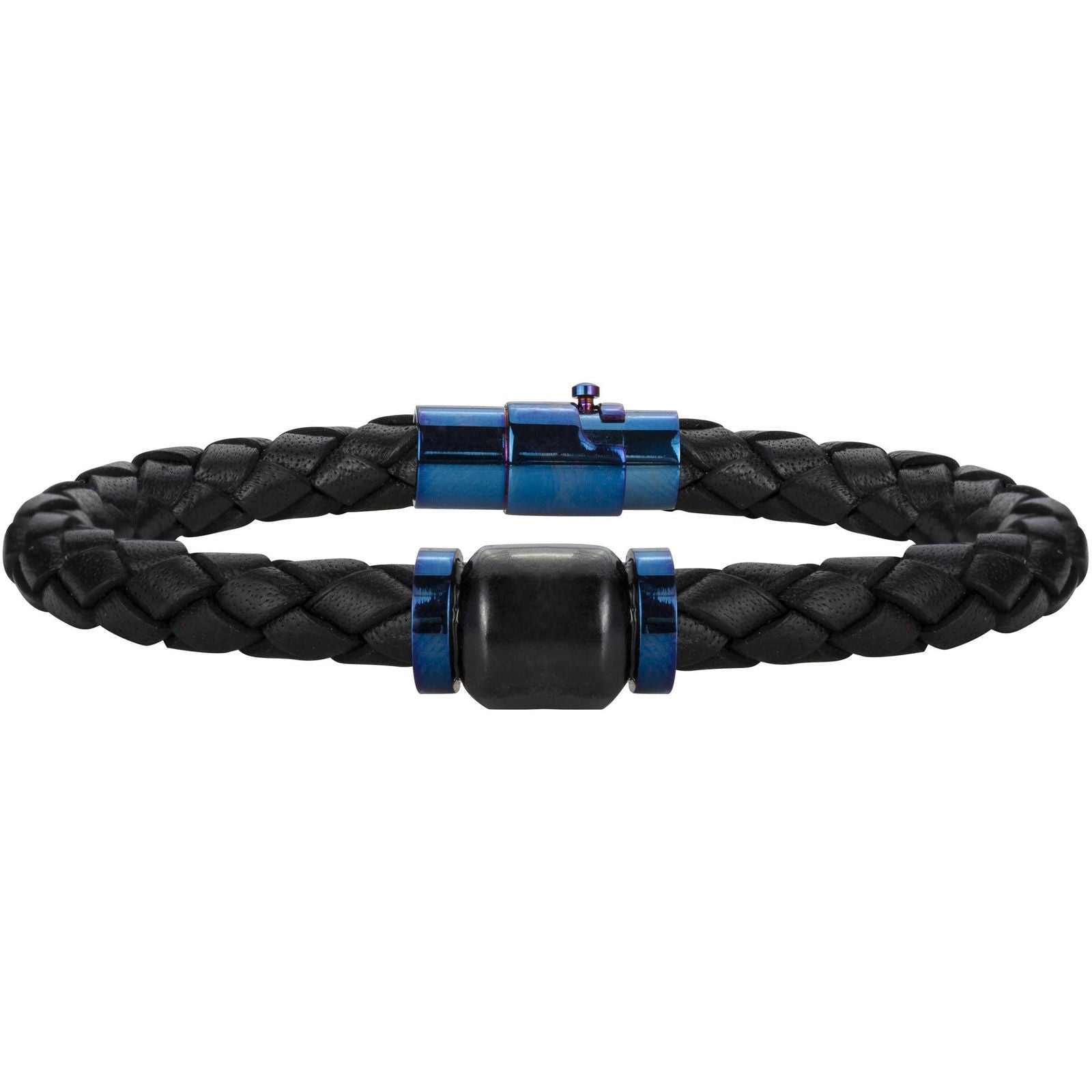 BRAC.CUIR DE VACHETTE NOIR CERAM NOIR PVD BLEU 20.5cm - Bijouterie Cordier