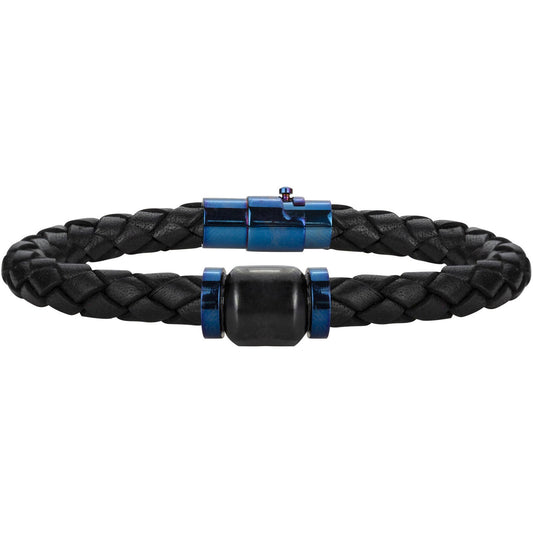 BRAC.CUIR DE VACHETTE NOIR CERAM NOIR PVD BLEU 20.5cm - Bijouterie Cordier