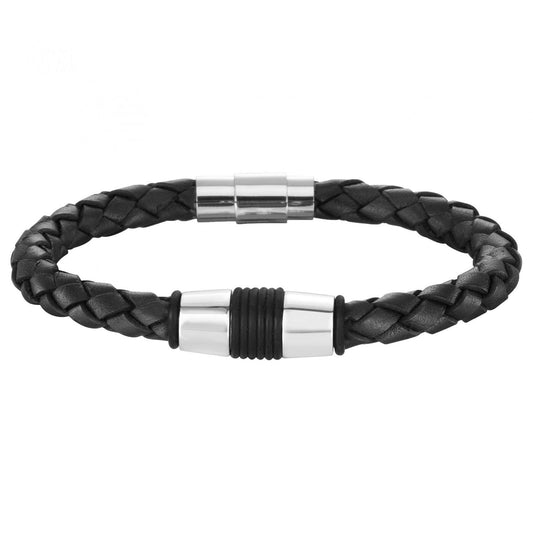 BRAC.CUIR DE VACHETTE NOIR TRESSE ROND/CYLINDRE CAOUTCHOUC.NOIRE 19cm - Bijouterie Cordier