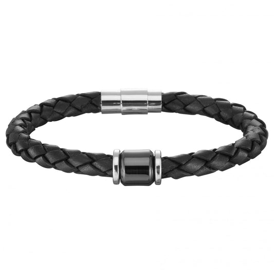 BRAC.CUIR DE VACHETTE TRESSE AIMANT/CYLINDRE CERA.NOIRE 21cm - Bijouterie Cordier