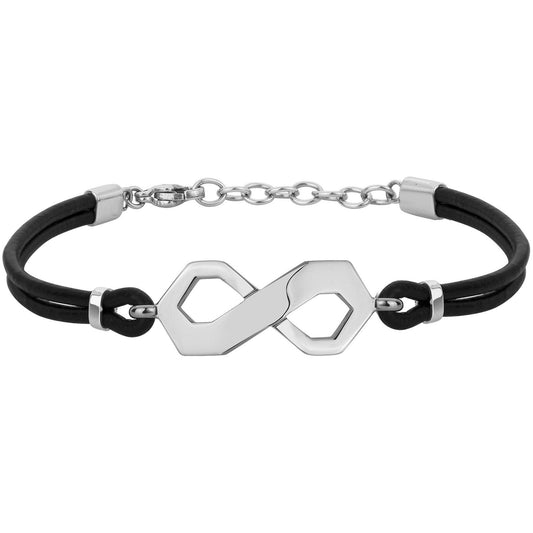 BRACELET ACIER ET CUIR DE VACHE NOIR-17+3cm