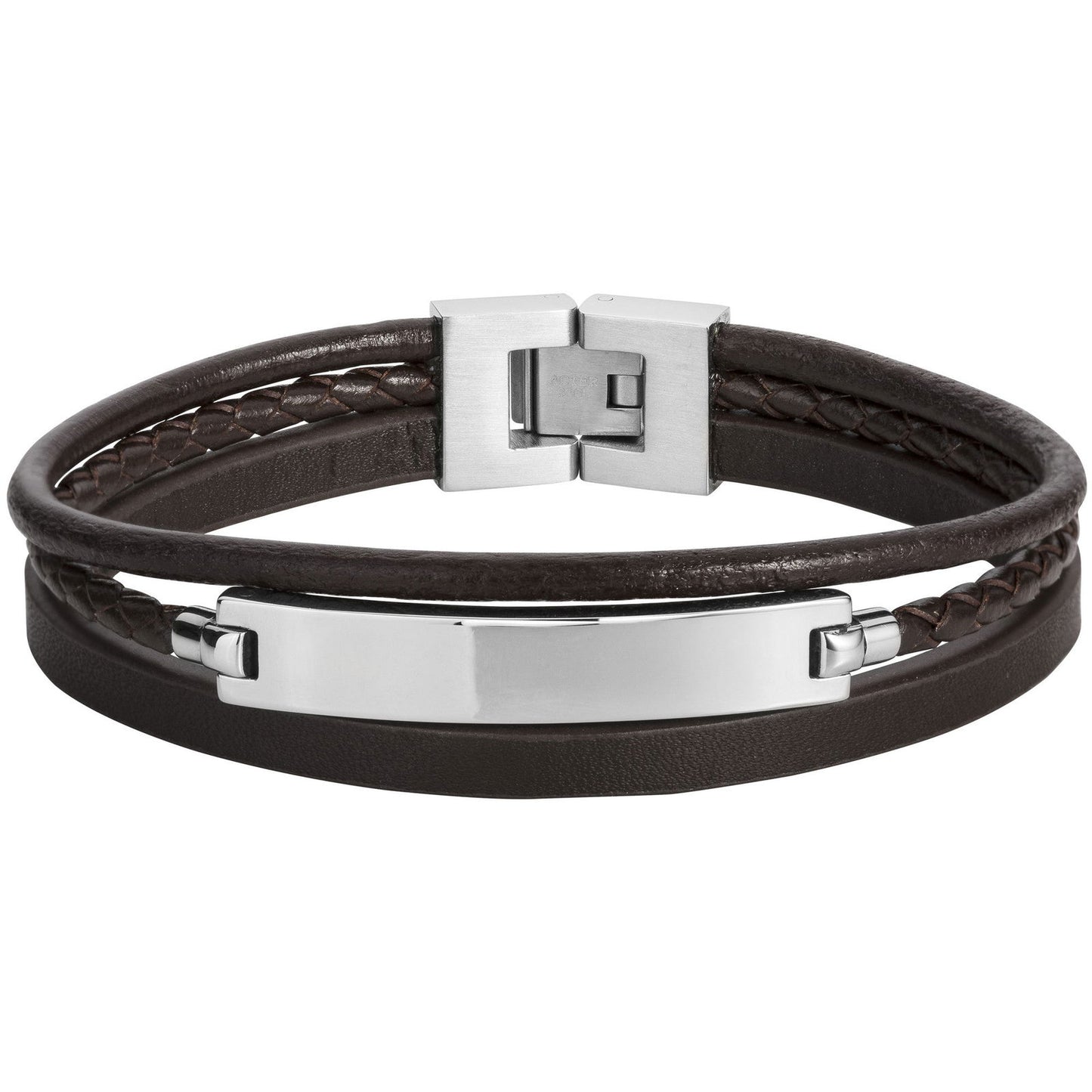 BRACELET ACIER ET CUIR MARRON-20+1,5CM