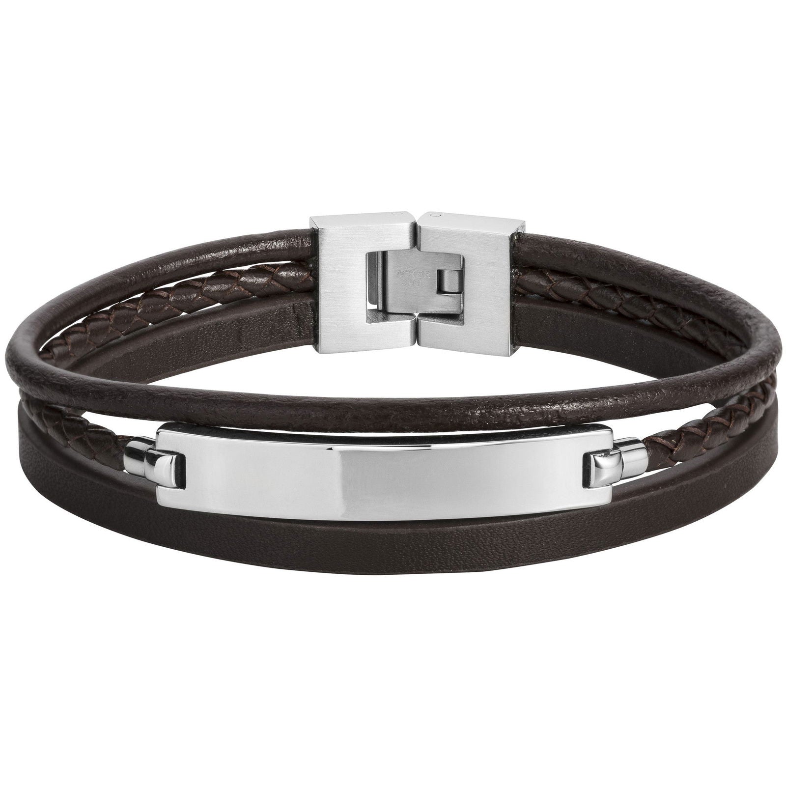 BRACELET ACIER ET CUIR MARRON-20+1,5CM