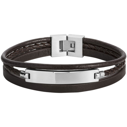 BRACELET ACIER ET CUIR MARRON-20+1,5CM
