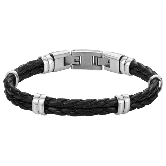 BRAC CUIR CROUTE DE VACHETTE NOIR TRESSE ET LIEN ACIER 19+1.5cm