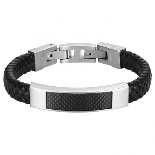 BRAC CUIR DE VACHETTE NOIR TRESSE. ACIER ET CARBONE NOIR 19.5+2cm