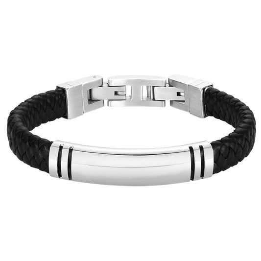 BRAC CUIR DE VACHETTE SUPERIEUR NOIR TRESSE ET ACIER 19+2cm