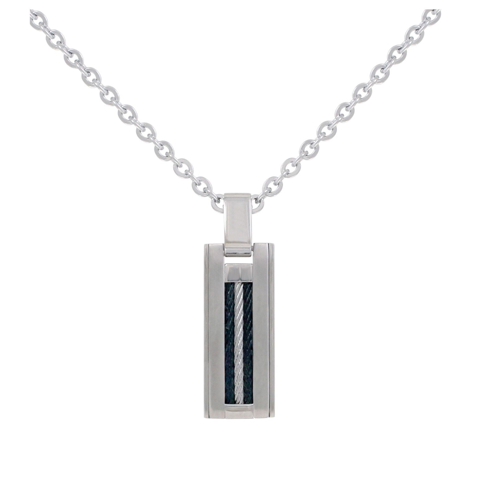 CHAINE/PENDENTIF ACIER/2CABLES NOIRS/1GRIS 50+5CM