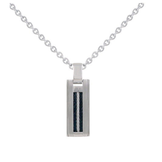 CHAINE/PENDENTIF ACIER/2CABLES NOIRS/1GRIS 50+5CM