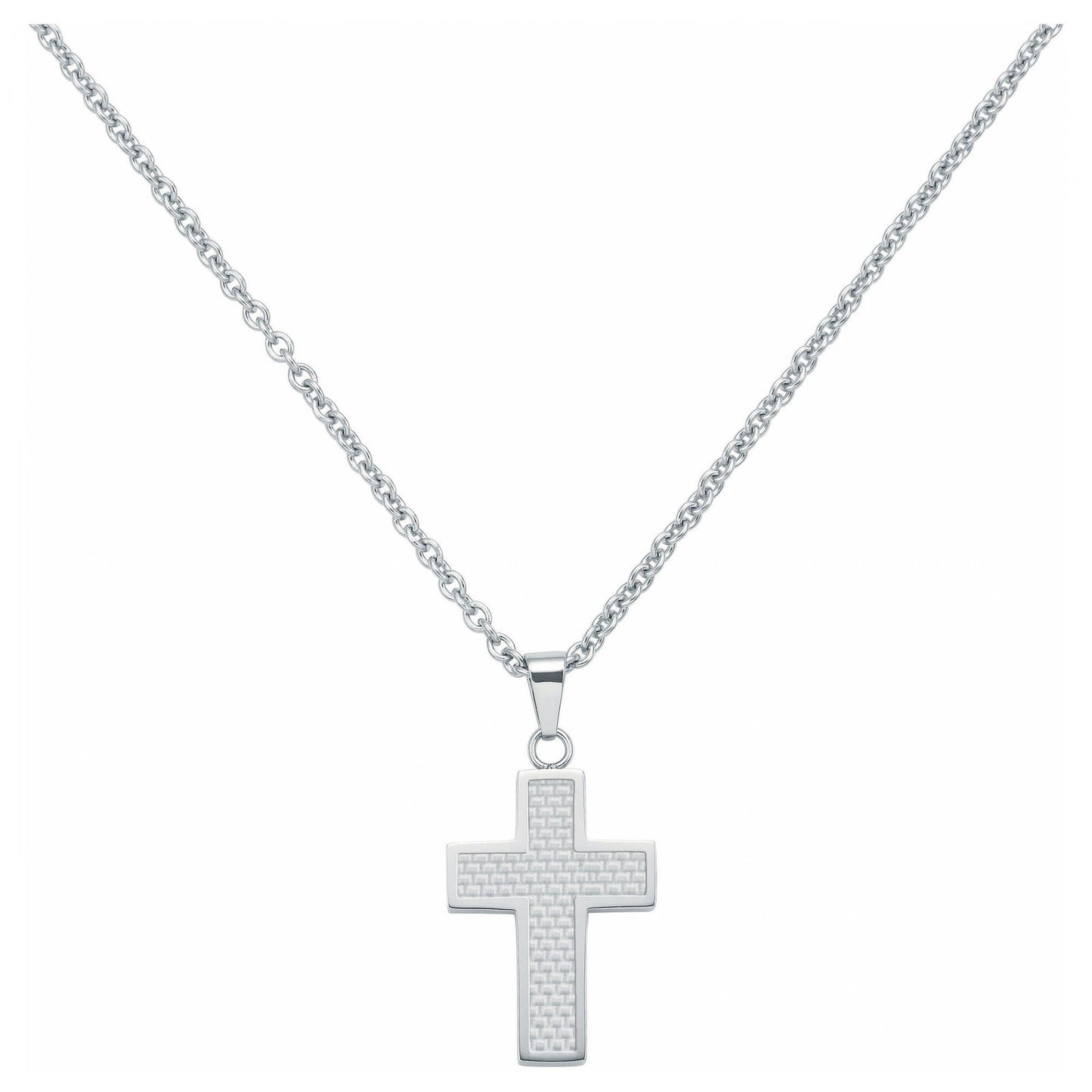 CHAINE. PEND ACIER ET CROIX CARB. BLANC 50+5CM