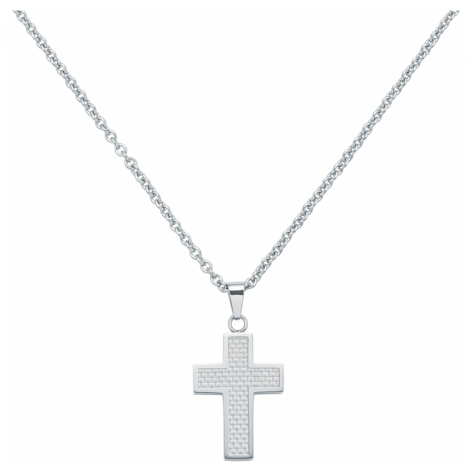 CHAINE. PEND ACIER ET CROIX CARB. BLANC 50+5CM