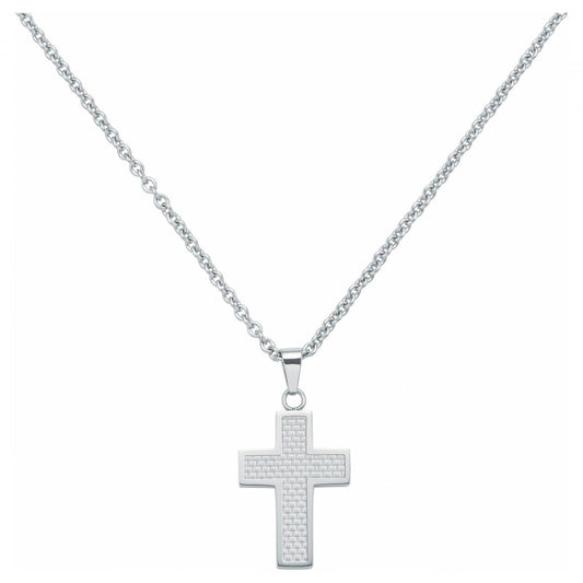 CHAINE. PEND ACIER ET CROIX CARB. BLANC 50+5CM