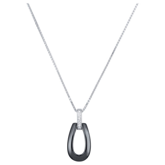 CHAINE PEND. AG. CERAM NOIRE FER A CHEVAL/TIGE OX. DE ZIRCON 42+3CM