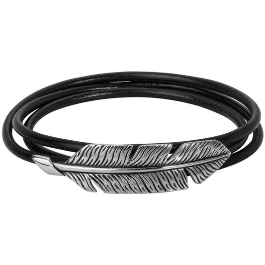 LEGEND BRAC. ACIER FEUILLE VINTAGE CUIR DE VACHE MULTI TOUR-60cm - Bijouterie Cordier