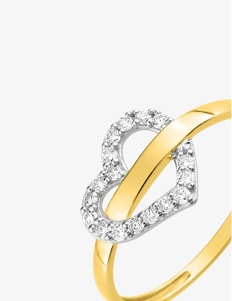 Bague cœur en or jaune 375‰, oxydes et anneau traversant