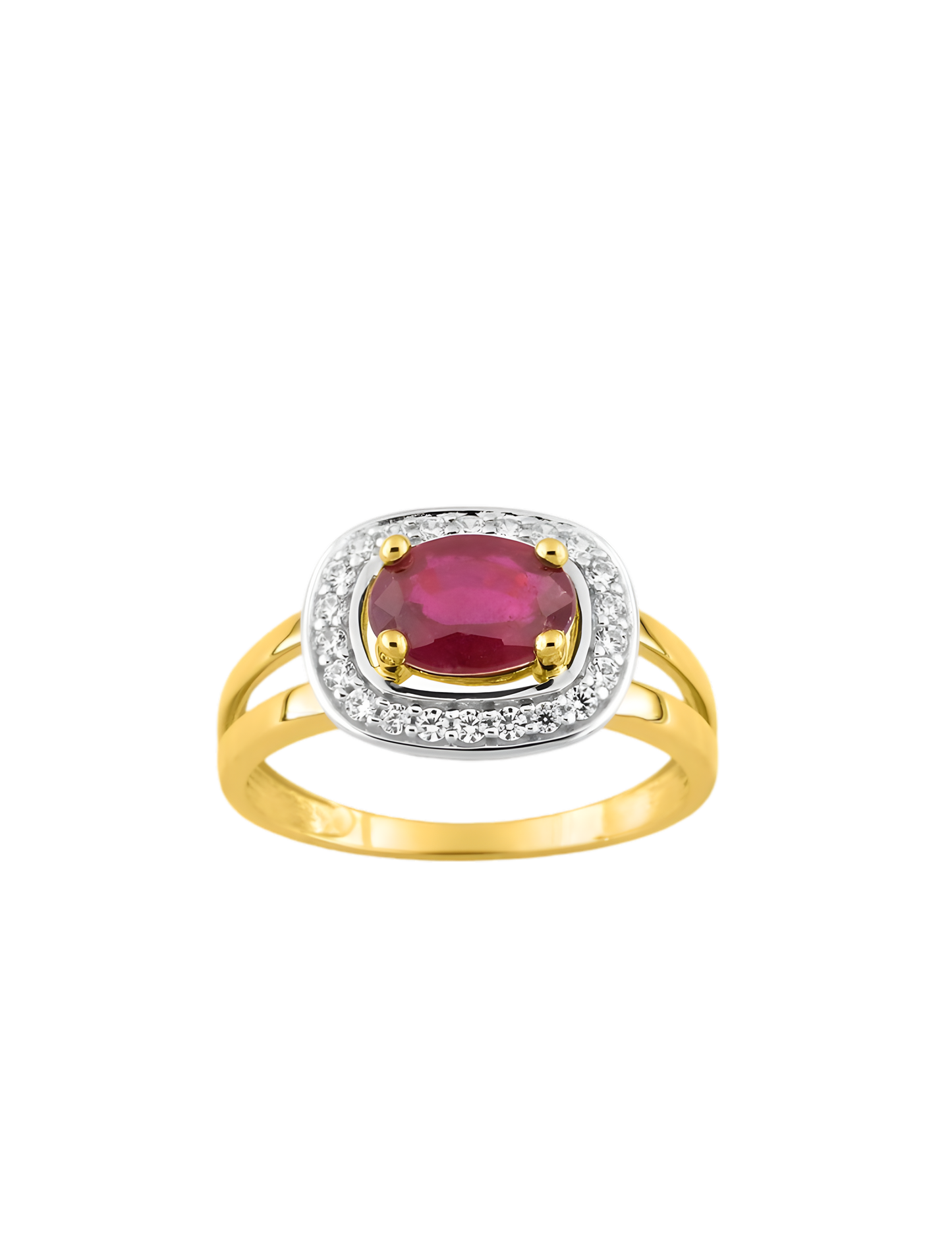 Bague double anneau en or jaune 375‰, rubis et oxydes