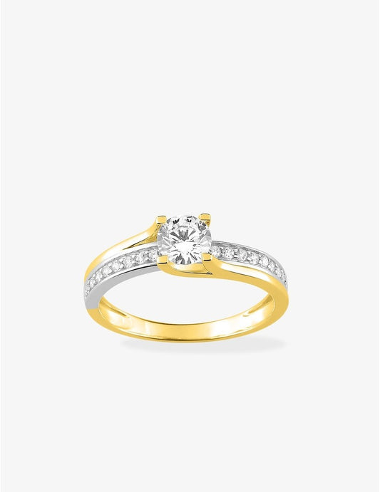 Bague fantaisie solitaire accompagnée en or jaune 750 ‰, rhodium et pavage d’oxydes de zirconium
