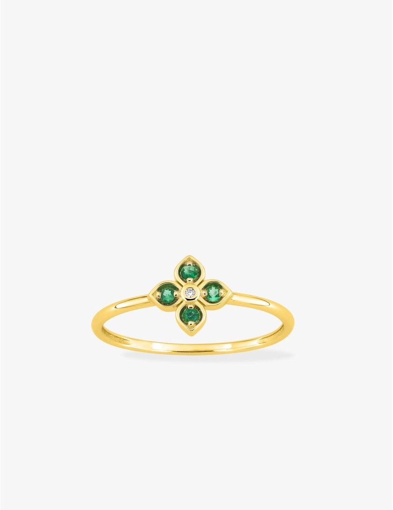 Bague fleur or jaune 375‰ avec émeraudes et diamant