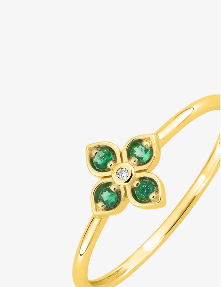 Bague fleur or jaune 375‰ avec émeraudes et diamant