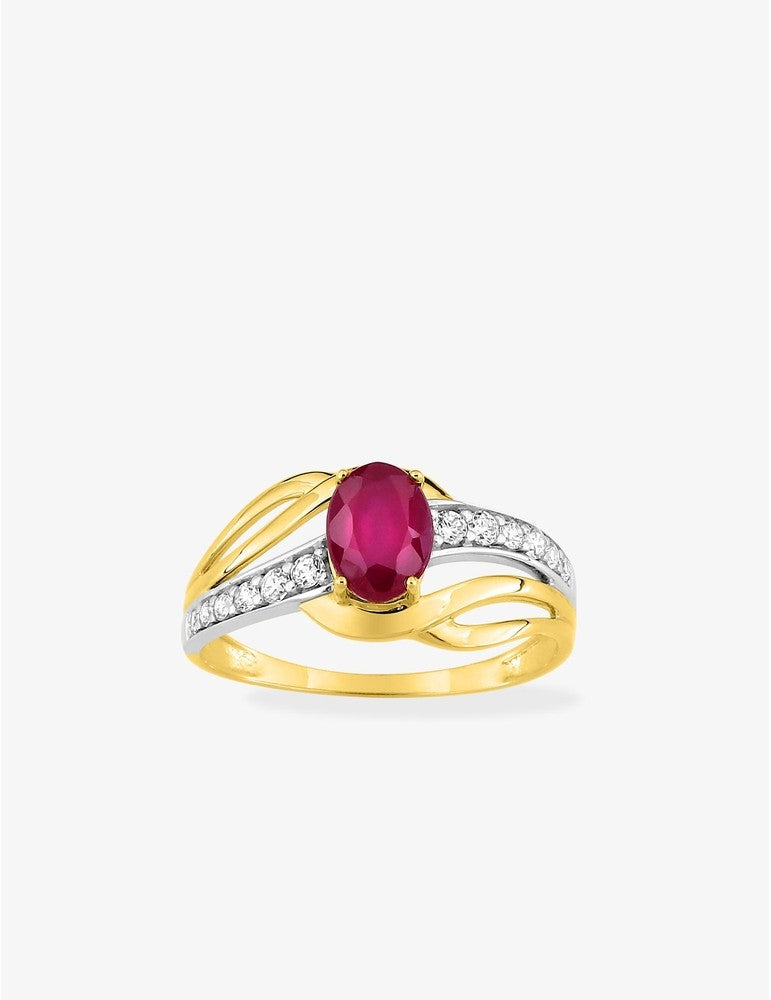 Bague or jaune 375‰ avec rubis ovale et oxydes