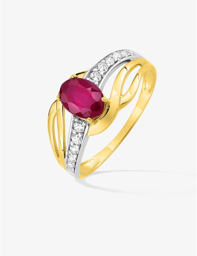 Bague or jaune 375‰ avec rubis ovale et oxydes