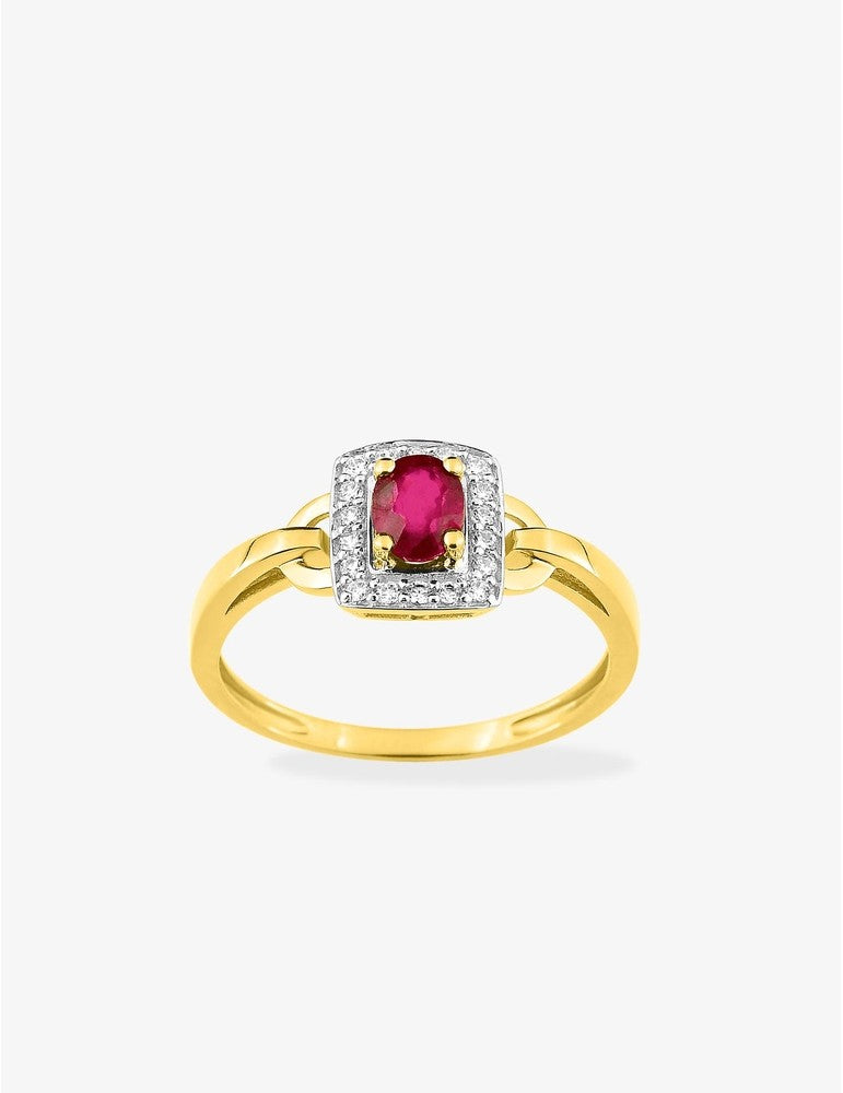 Bague en or jaune 375‰, rubis ovale et oxydes