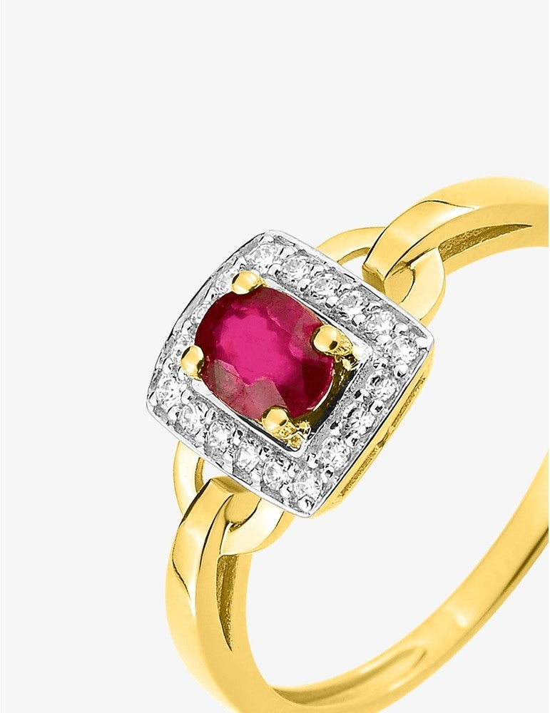 Bague en or jaune 375‰, rubis ovale et oxydes